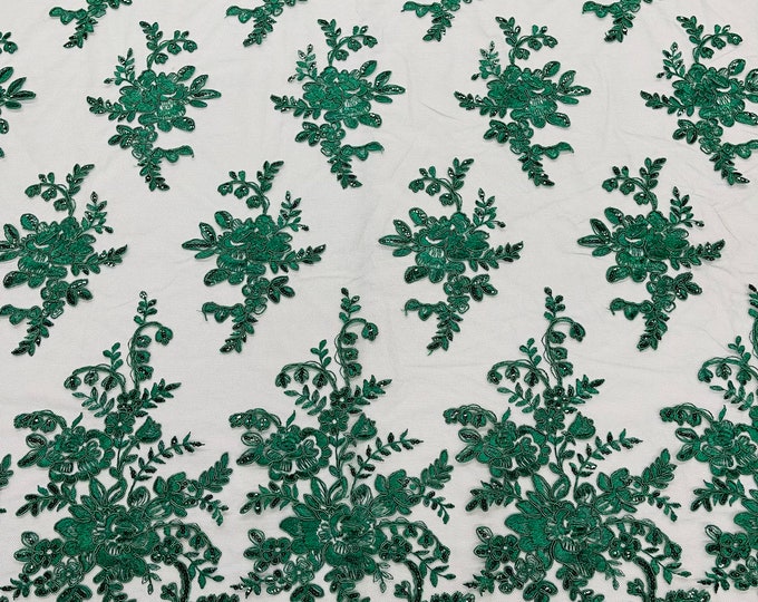 Hunter Green flower lace corded and embroider with sequins on a mesh-Sold by the yard.