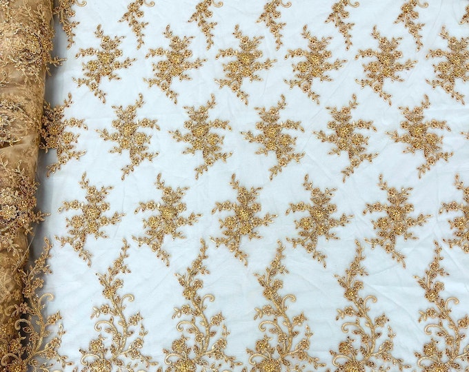 Rose gold flower embroider with sequins and heavy beaded on a mesh lace fabric-sold by the yard.