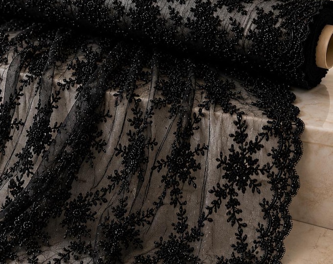 Black Floral Embroidered Beaded Lace Fabric By The Yard, Sequin Mesh Lace For Prom Dresses, Evening Gowns & Bridal Couture
