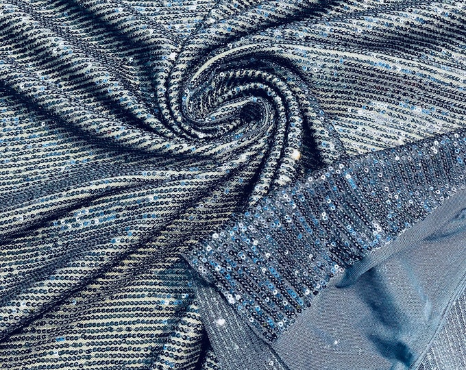 Navy Blue chain shiny sequins design on a 4 way stretch mesh fabric -prom-sold by the yard.