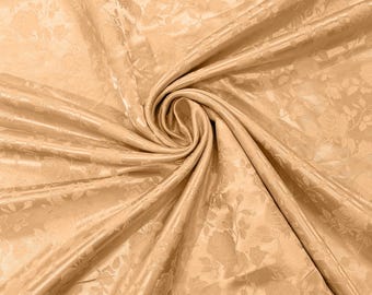 Khaki 58" Wide Polyester Flower Brocade Jacquard Satin Fabric, Wedding, Dressmaking