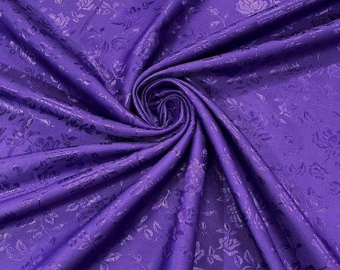 Purple 58" Wide Polyester Flower Brocade Jacquard Satin Fabric, Wedding, Dressmaking
