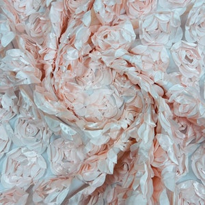 Light pink 3D Rosette Embroidery Satin Rose Flowers  Floral Mesh Fabric by the yard