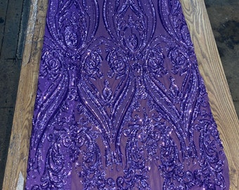 Dark lavender damask  sequin design on a 4 way stretch mesh-48”-50”-prom-nightgown-sold by the yard.