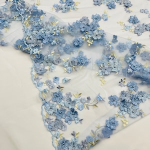 Light blue Multi color 3d floral Daisy design embroider with pearls in a mesh lace fabric -sold by the yard.