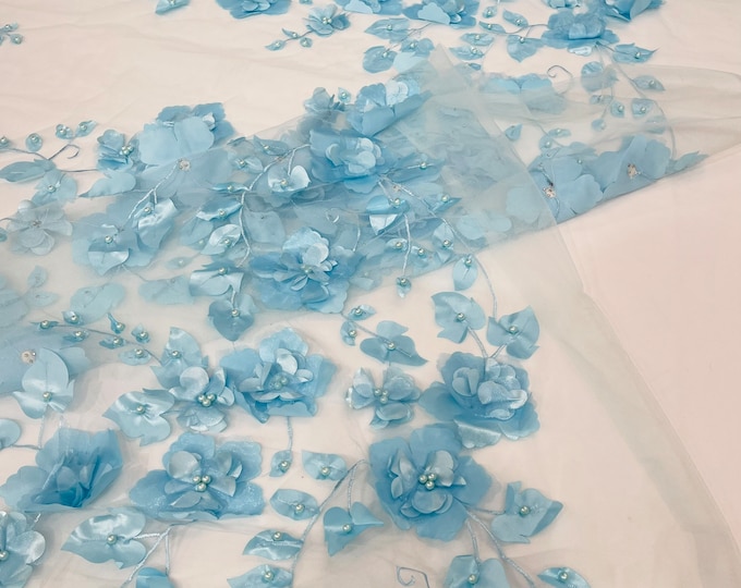 Light Blue Orquidia 3d floral design embroider with pearls in a mesh lace fabric-dresses-fashion-decorations-prom-sold by the yard.