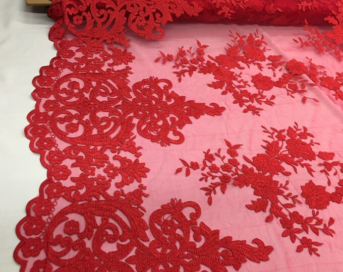 Red flowers enbroider on a 2 way stretch mesh lace.wedding/Bridal/Prom/Nightgown fabric-apparel-fashion-dresses-Sold by the yard.