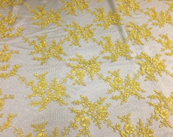 Sensational yellow flowers Embroider And corded On A Polkadot Mesh Lace-prom-nightgown-decorations-dresses-sold by the yard.