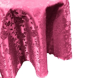 Fuchsia Round Tablecloth Roses Jacquard Satin Overlay for Small Coffee Table Seamless.