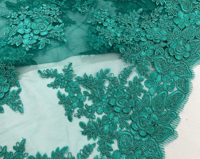 Jade corded lace 3d floral embroider sold by the yard.
