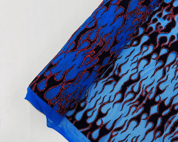 Royal Blue - Power Mesh with Black Flocking Flames and Red Glitter Fabric-60” Wide-Hot Rod.
