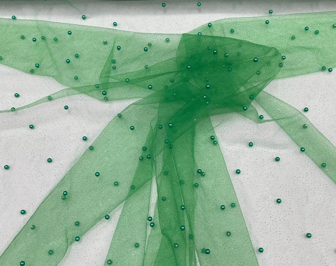Kelly Green  Pearl Glitter Studded Mesh, 2-Way Stretch Shimmer Mesh Fabric, Sold by the yard.