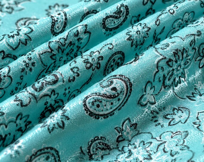 Mint Green Metallic Bandana Print Stretch Tricot Spandex Fabric By The Yard, 4 Way Nylon Lycra Swimwear Fabric