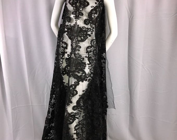 Black damask pattern Embroidery with shiny sequins and Corded on a mesh lace-apparel-fashion-dresses-nightgown-decorations-sold by the yard.