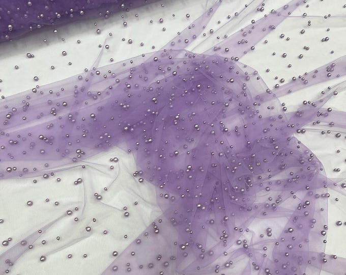 Lilac Heavy Scattered Pearls Studded Mesh, 2-Way Stretch, sold by the yard.