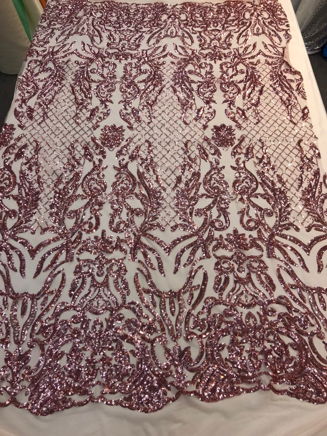 DUSTY ROSE SEQUINS DAMASK DESIGN EMBROIDERY ON A 4 WAY STRETCH MESH-SOLD BY YARD main image 1