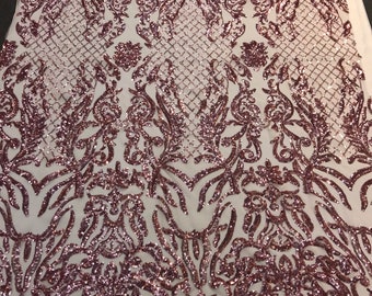 Dusty rose Sequins damask design embroidery on a peach 4 way stretch power mesh-dresses-fashion-apparel-prom-nightgown-sold by yard.