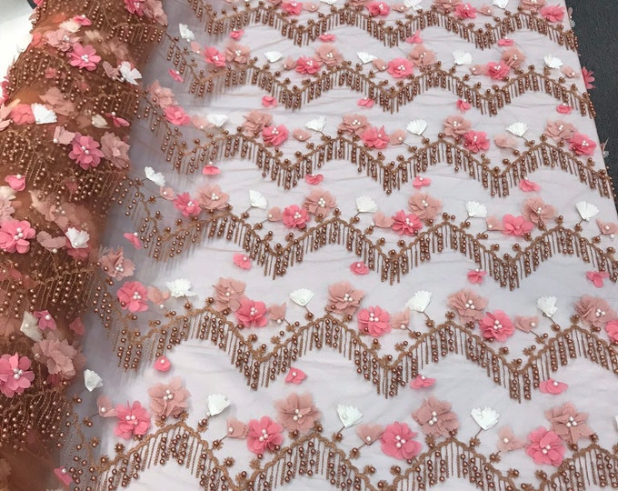 Rust 3d multi color chiffon flowers embroidery with pearls chevron design on a mesh lace-dresses-prom-nightgown-sold by yard-free shipping.