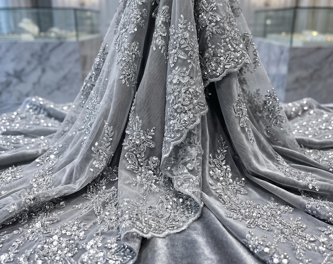 Silver Beaded Floral Lace Fabric By The Yard, Embroidered Mesh Bridal Lace For Wedding Dresses, Prom Gowns & Evening Wear