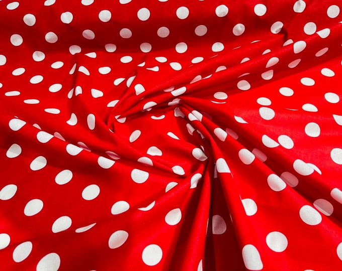 White dot On Red 58" Wide Premium 1 inch Polka Dot Poly Cotton Fabric Sold By The Yard.