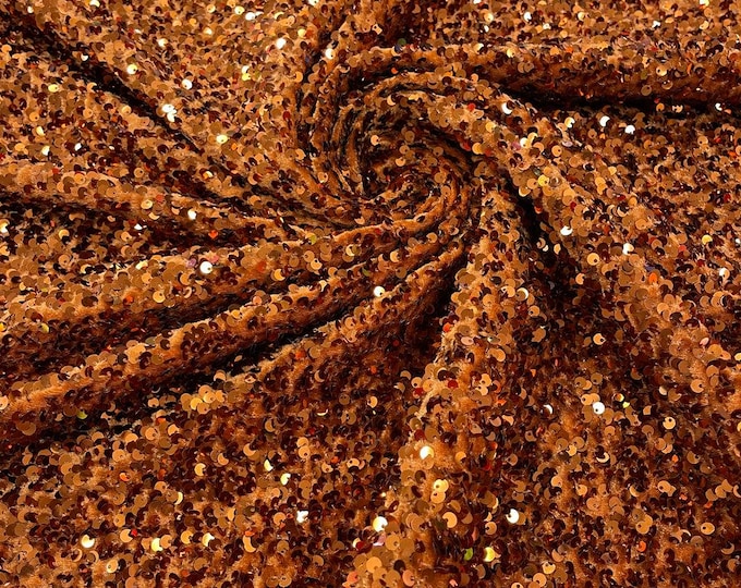 Rust stretch velvet with luxury sequins all over 5mm shining sequins 2-way stretch, sold by the yard.