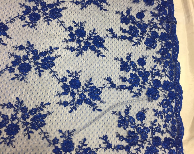 Sensational royal Blue Flowers Embroider And Corded On a Polkadot Mesh Lace -yard