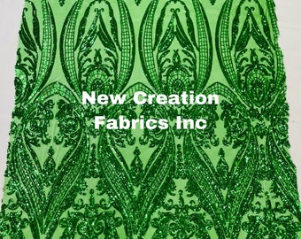 Kelly Green empire design with sequins embroider on a 4 way stretch mesh fabric-prom-nightgown-decorations-dresses-sold by the yard.