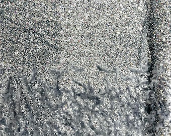 Silver 5mm sequins on a stretch velvet with feathers  2-way stretch, sold by the yard