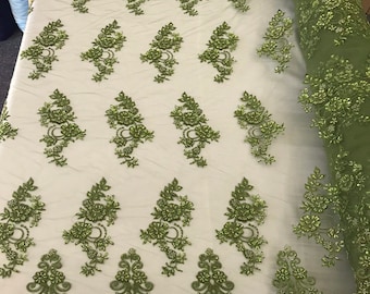 Olive green hand beaded floral design embroidery with shiny sequins on a mesh lace-dresses-fashion-apparel-prom-nightgown