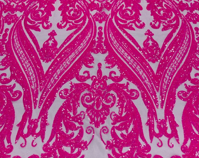 Neon Pink iridescent shiny sequin damask design on a 4 way stretch mesh-sold by the yard.