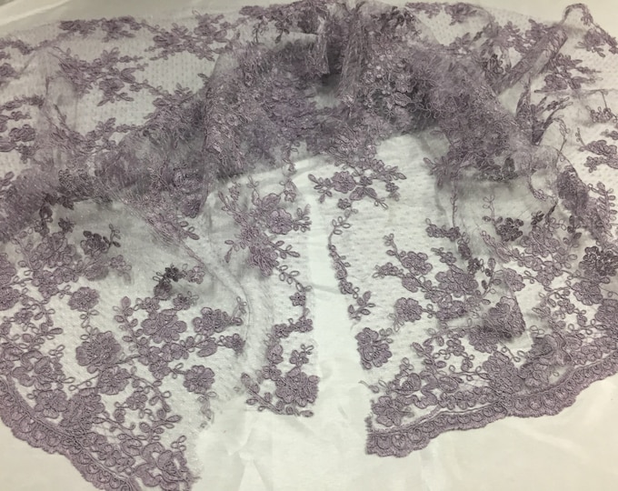 Sensational dark lilac flowers Embroider And Corded On a Polkadot Mesh Lace-prom-nightgown-decorations-dresses-sold by the yard.