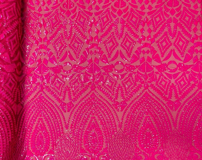 Hot Pink Iridescent - Diamond Geometric Sequin On A Stretch Mesh Fabric ( By The Yard)