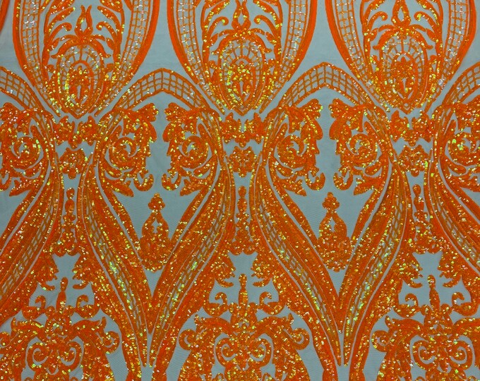 Orange iridescent empire damask design with sequins embroider on a nude 4 way stretch mesh fabric-sold by the yard.