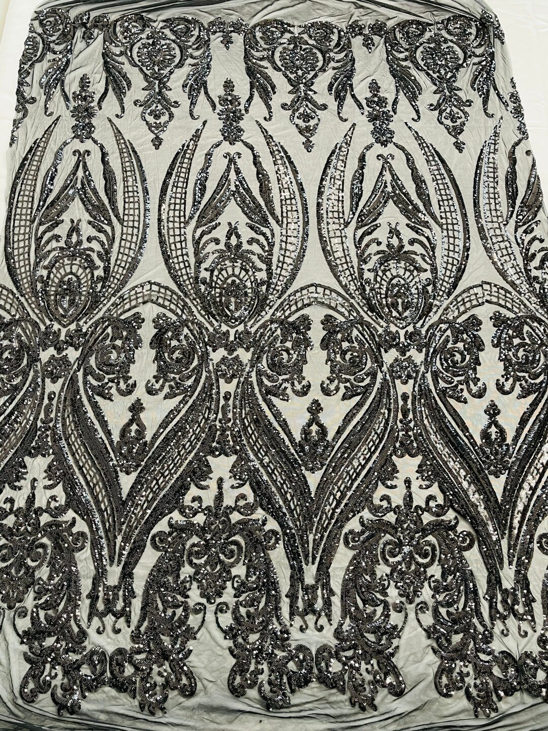 Empire damask design with sequins embroider on a 4 way stretch mesh fabric-sold by the yard. Olive main image 1