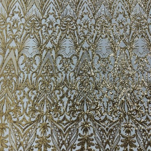 Gold sequin damask design on a 4 way stretch mesh fabric-prom-sold by the yard.