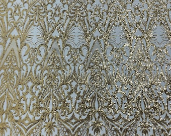 Gold sequin damask design on a 4 way stretch mesh fabric-prom-sold by the yard.