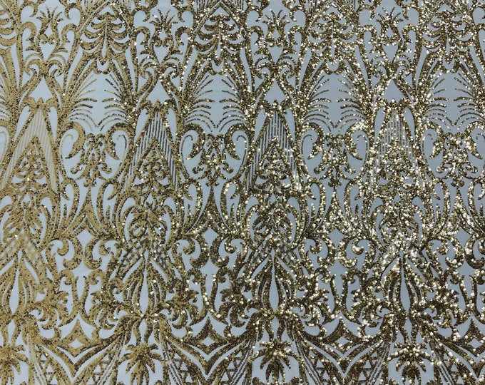 Gold sequin damask design on a 4 way stretch mesh fabric-prom-sold by the yard.