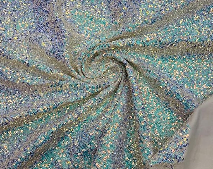 Aqua Iridescent - Mini Glitz Sequins on a 4 Way Stretch Spandex Fabric- Sold by The Yard.