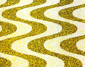 White/Yellow sequin Wave Design On Yellow stretch velvet all over 5mm shining sequins 2-way stretch, sold by the yard.