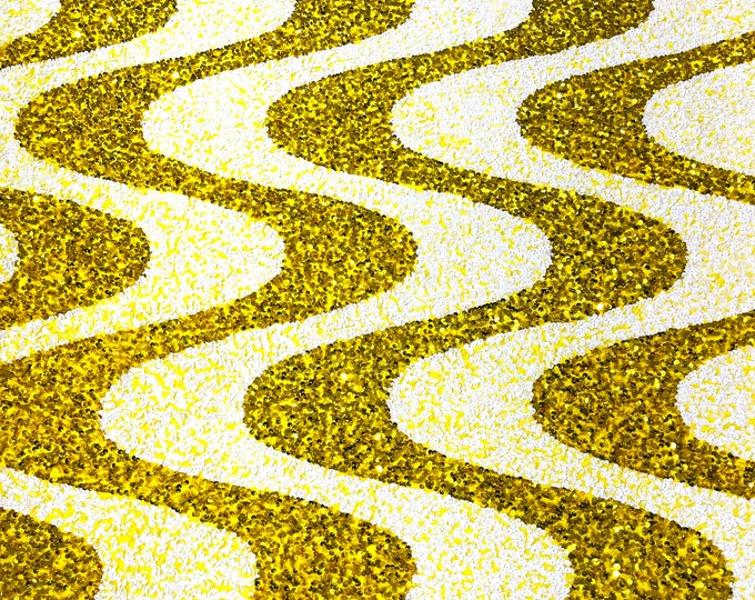 White/Yellow sequin Wave Design On Yellow stretch velvet all over 5mm shining sequins 2-way stretch, sold by the yard.