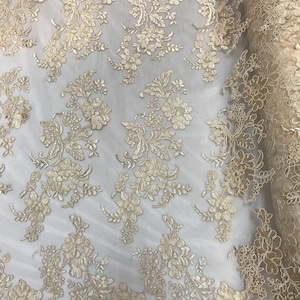 CHAMPAGNE FLORAL DESIGN EMBROIDERY WITH IRIDESCENT SEQUIN ON A MESH-SOLD BY YARD