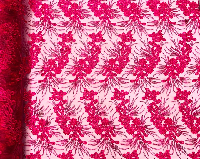 Fuchsia feather design lace with metallic cord and embroider with sequins on a mesh-Sold by the yard.