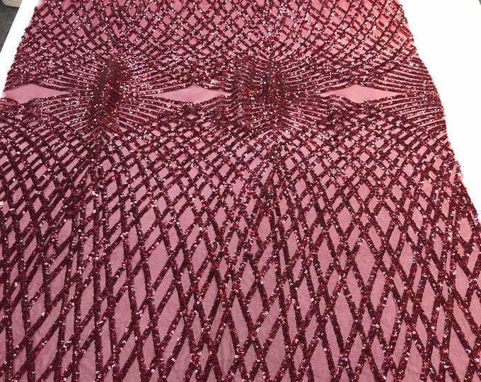 Burgundy Sequins diamond design embroidery on a burgundy 4 way Stretch power mesh-dresses-fashion-apparel-prom-nightgown-Sold by the yard.