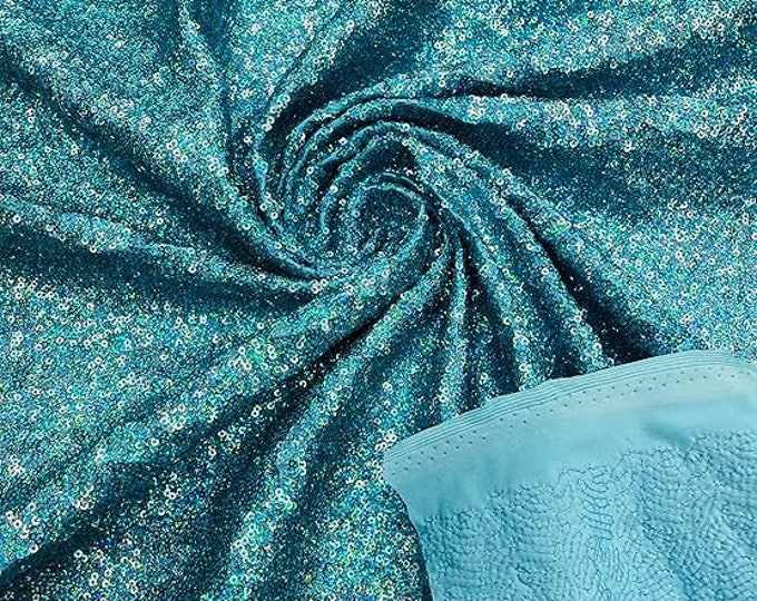 Aqua Hologram - Mini Glitz Sequins on a 4 Way Stretch Spandex Fabric- Sold by The Yard.
