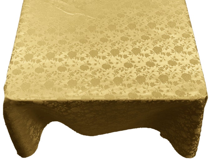 Neutral Gold Roses Jacquard Satin Rectangular Tablecloth Seamless/Party Supply.