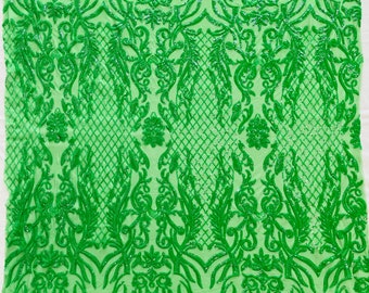 Green sequins damask design embroidery on a 4 way stretch power mesh-dresses-fashion-apparel-prom-nightgown-sold by the yard.