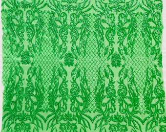 Green sequins damask design embroidery on a 4 way stretch power mesh-dresses-fashion-apparel-prom-nightgown-sold by the yard.