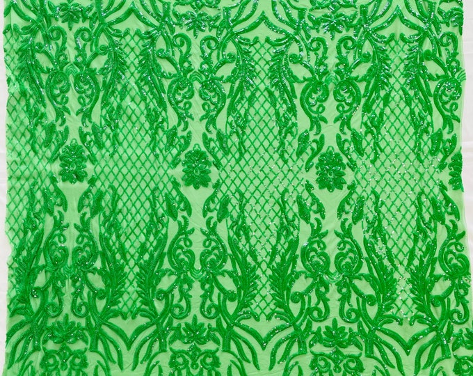 Green sequins damask design embroidery on a 4 way stretch power mesh-dresses-fashion-apparel-prom-nightgown-sold by the yard.