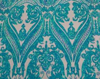 Mint green Iridescent shiny sequin damask design on a 4 way stretch mesh-sold by the yard.