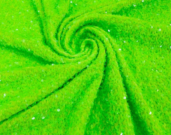 Lime Green Holographic stretch velvet with luxury sequins all over 5mm shining sequins 2-way stretch, sold by the yard.